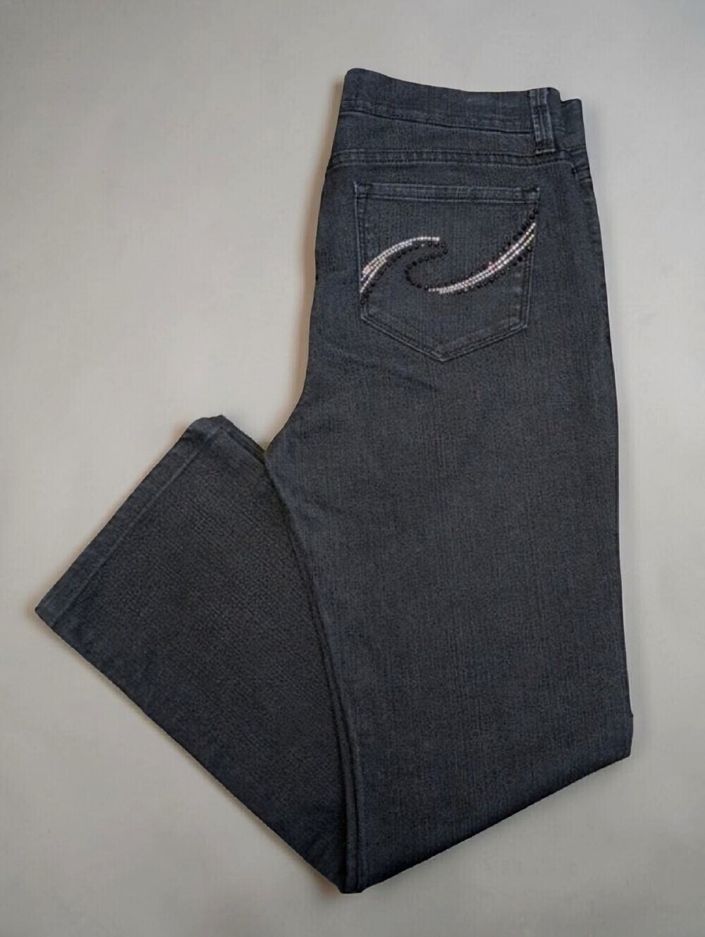 NYDJ Black Denim Jeans Rhinestone Back Pockets Stretch Slimming 6